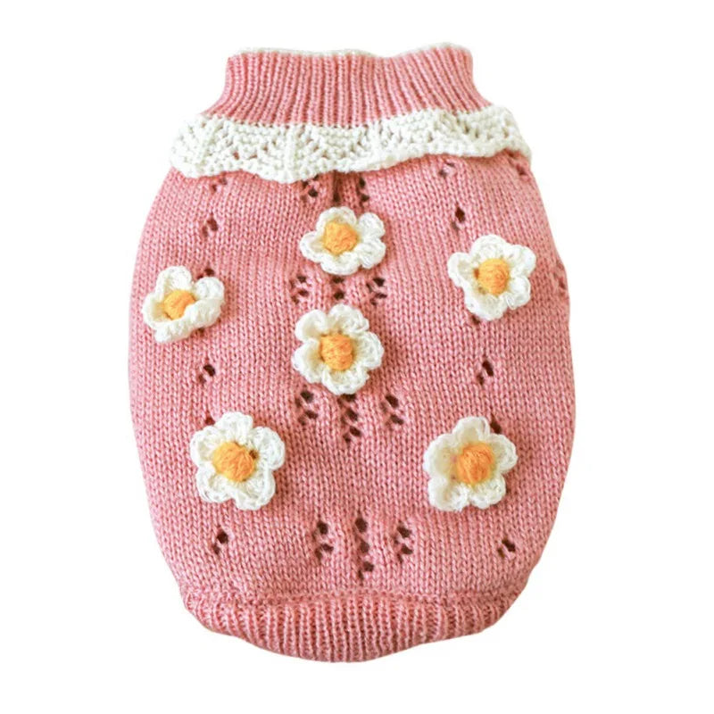 Cute Warm Dog Sweater with Knitted Blossoming Flowers