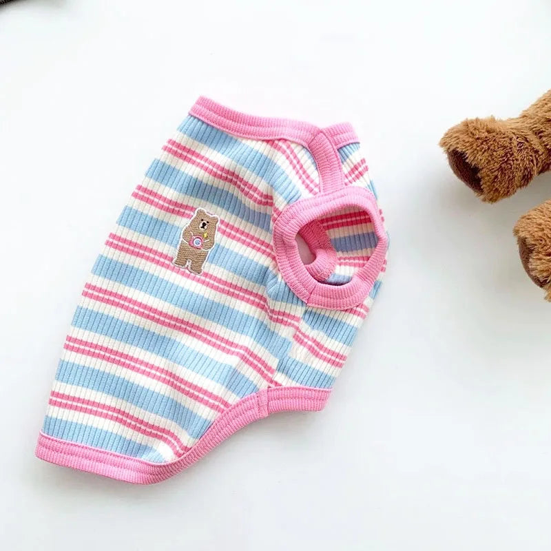 Summer Pet Clothes Bear Print Striped Shirts  Thin Vest Puppy Cat Soft Vest Fashion Pet Costume French Bulldog Clothes