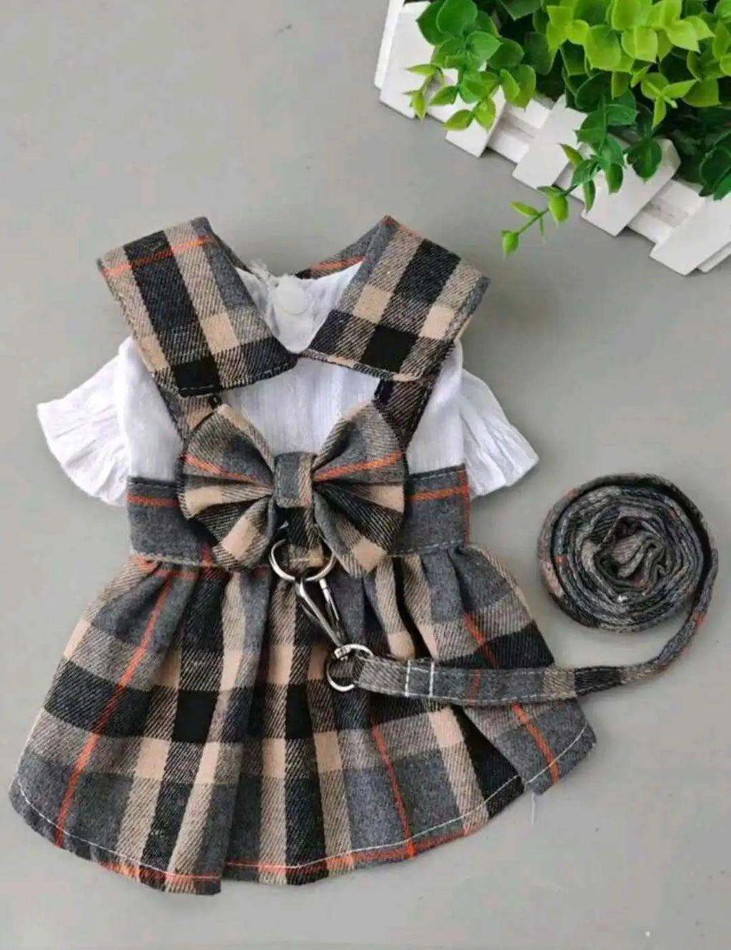 1pc Cute Dog Clothes, Plaid Dress w/Bowknot Back