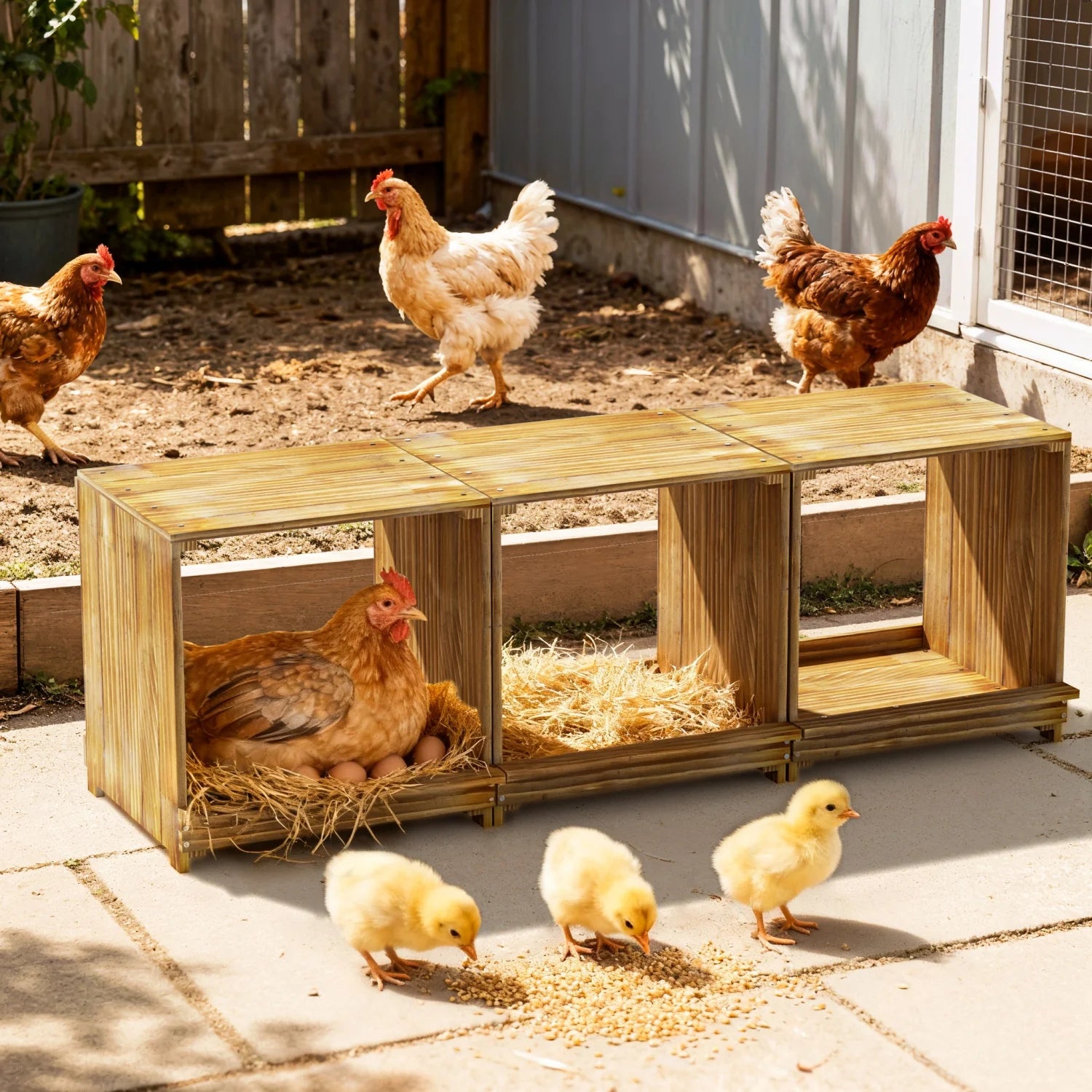 3-Compartment Pine Wood Chicken Nesting Box